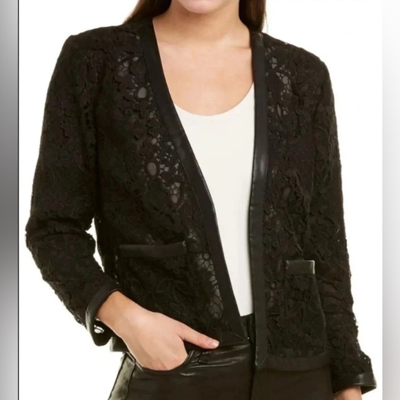 The Kooples Black Lace Cropped Blazer Leather Trim Size 36 - Picture 2 of 11
